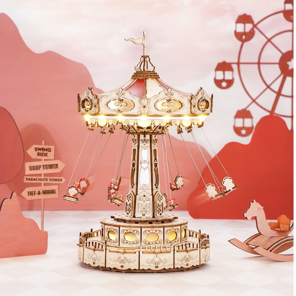 Tsukurundesu Anshin 3D Wooden Puzzle Amusement Park Series (Swing Ride) Swing, Spinning Attraction, Miniature, Lights Up, Spins, Includes Japanese