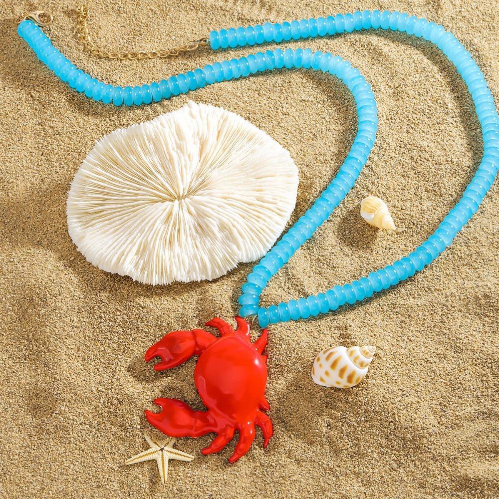 Childishness Crab Beaded Pendant Necklace Handmade Ocean Style Neck Chain Crab Necklace  Girls