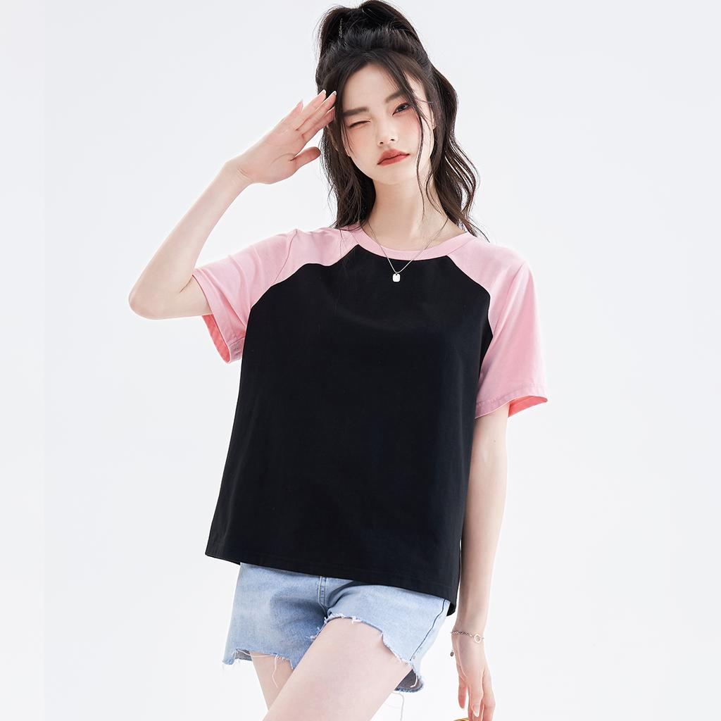 New minimalist round neck versatile top for women with contrasting color short sleeved T-shirt