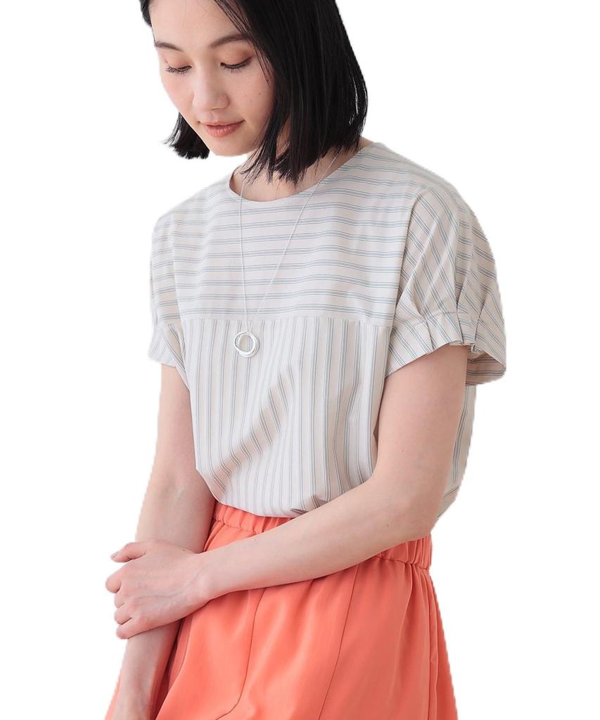 INDIVI Washable Striped Tucked Sleeve Blouse Beige Size 38 Spring Women's (12712402), (352cm), (M), Shirt/Blouse