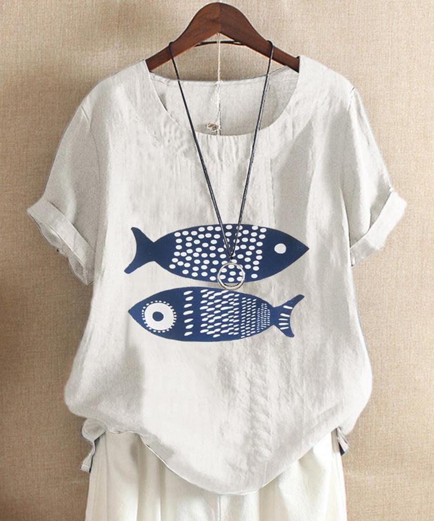 Second Roots Fish Print Summer Fish Short Loose Plus Perfect for and Office Single Plus Blouse, Women's, Top, Pattern, Sleeve, Fit, Sizes, Stylish,