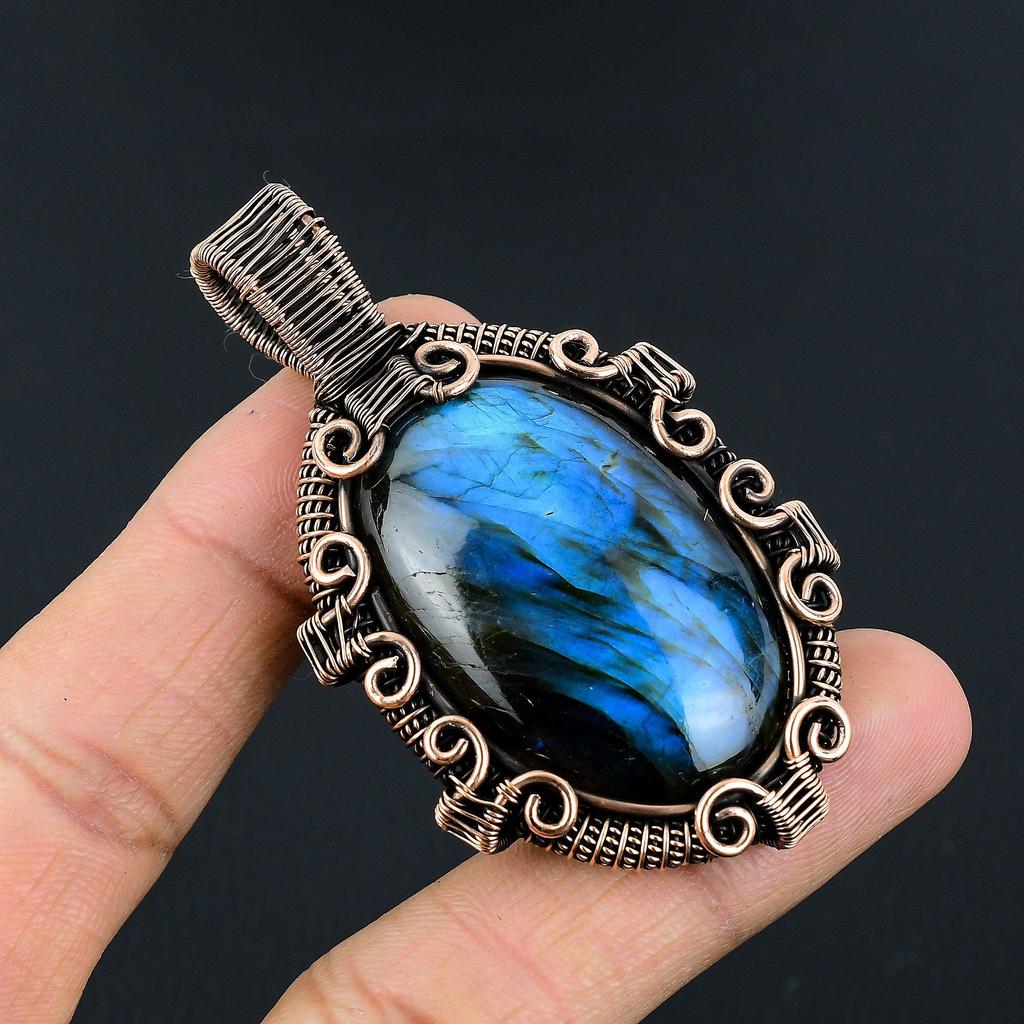 Labradorite Pendant, Handmade Gemstone 999 Copper Wire Wrapped Pendant Antique Jewelry, For Gift Silver Jewelry