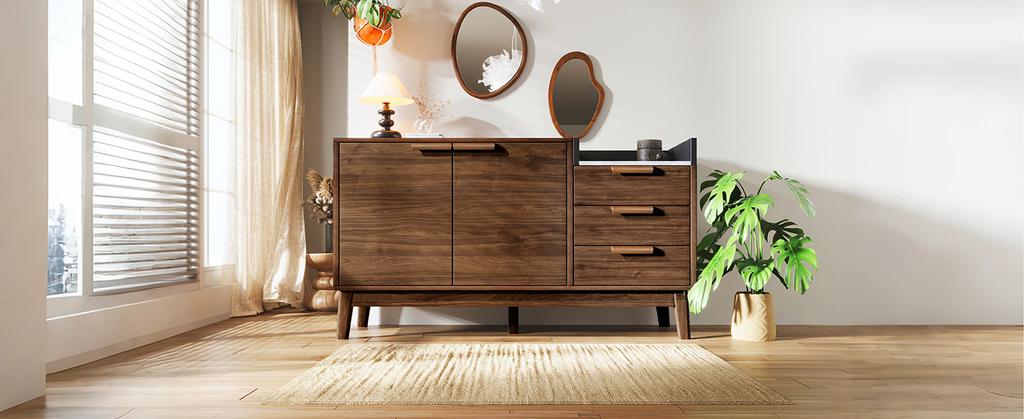 Living Room Chest of Drawers, Oak, Marble-Look Top, Open Shelf + 3 Drawers & Double-Door Cabinet, Solid Wood Legs, Robot Vacuum, H77/W120/D40 cm