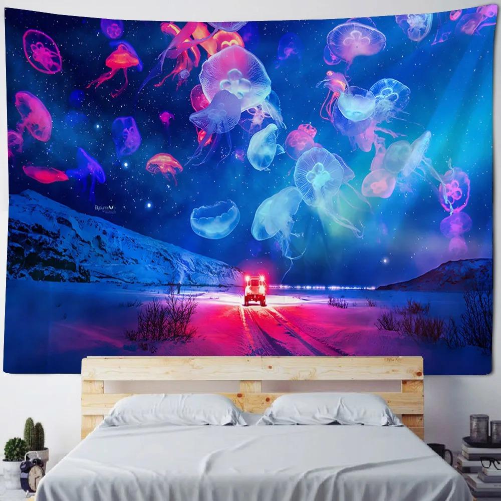 Kawaii room wall decor underwater creatures tapestry astronaut jellyfish fantasy home art decor neon galaxy space 74x94cm(29x37in)