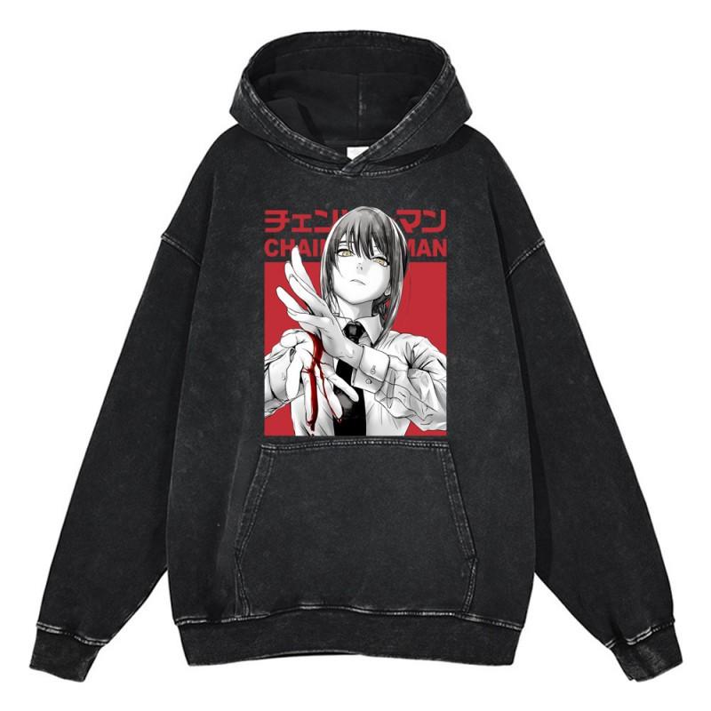 Heavyweight 440g Washed Vintage Denim-Style Anime Hoodie Men Streetwear Casual Sweatshirt