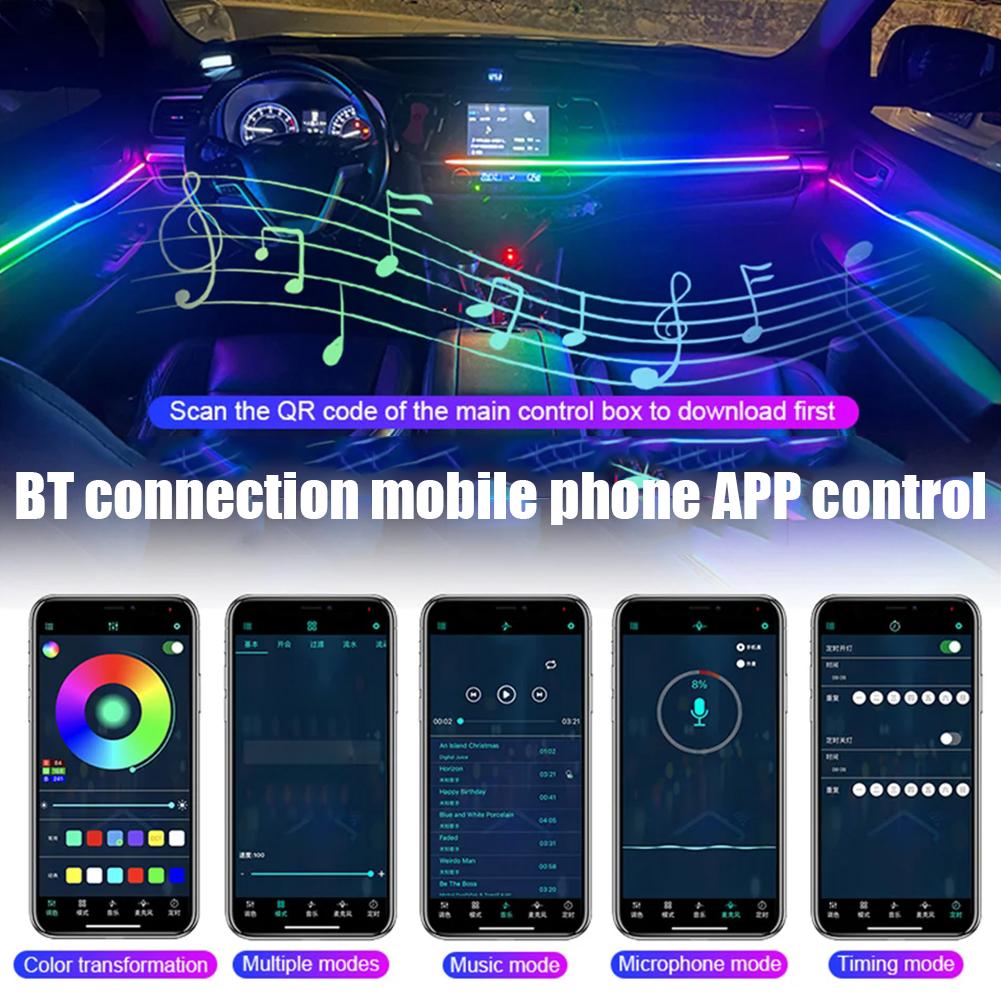18 In 1 Symphony Car Ambient Lights LED RGB 64 Colors Black Tape Acrylic Interior Strip Atmosphere Sticker Lamps Hidden Neo K8S5