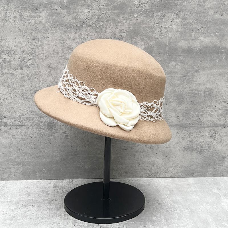 Lace Flower Ornament Textured Top Hat Socialite Woolen Hat Temperament Warm Bucket Hat