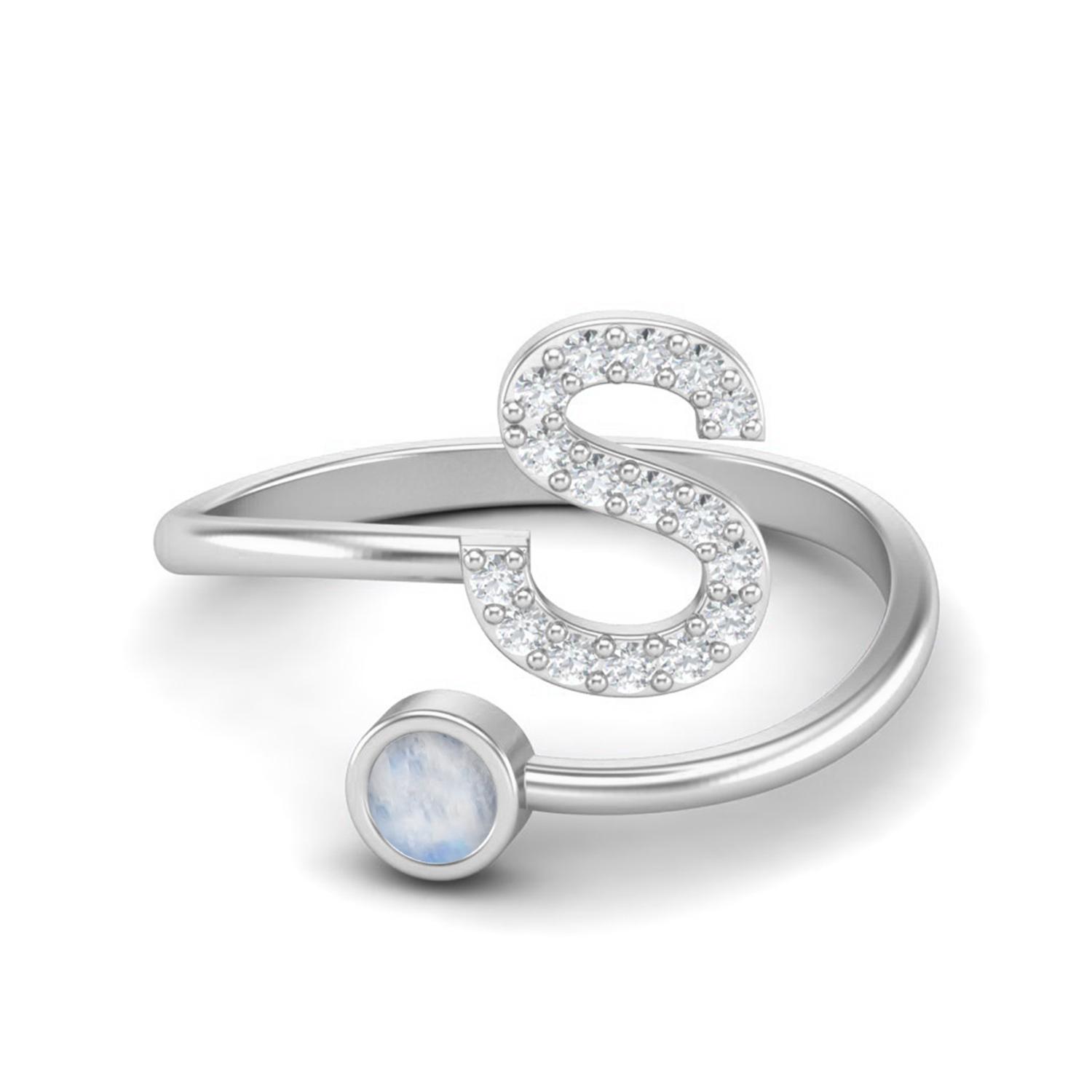 

Capital S Initial Letter Moonstone Women Adjustable Front Open Ring 925 Sterling Silver 9 білий