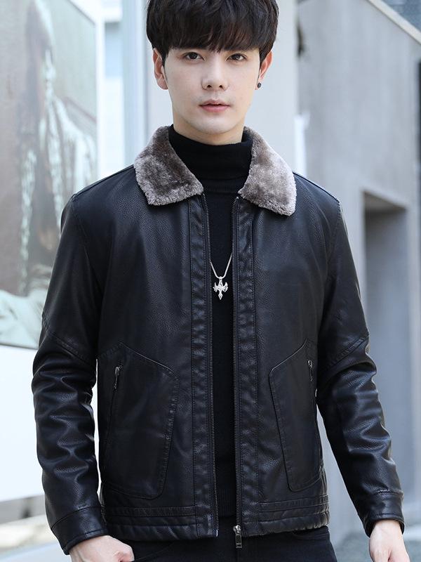 Men's Thick Leather Jacket with Fleece Lining - Lambswool, PU Leather, Lapel Collar, Warm Casual Coat for Spring & Autumn.