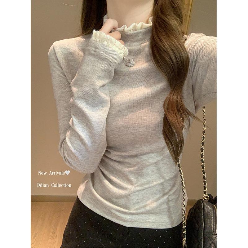 Lace semi-turtleneck bottoming shirt women's spring German velvet thickened long-sleeved shirt design sense inner top