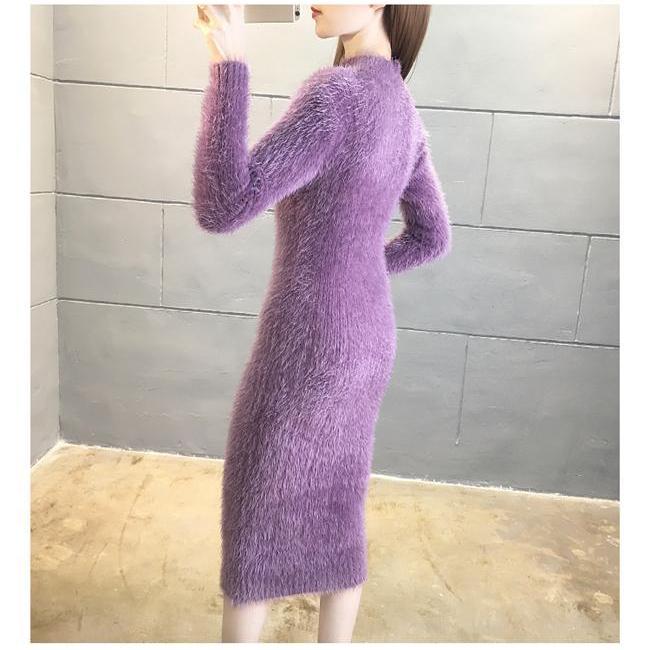 Abiti Semplici Autunno Inverno Donna Tinta Unita Scollo a O Ispessito Manica Lunga Slim Midi A-line Sacca Hip Vestito in Maglia