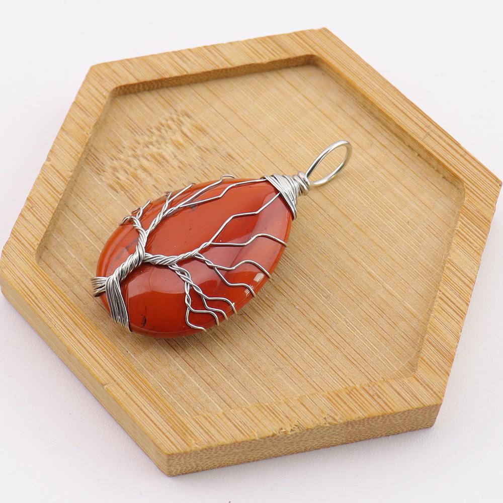 Natural Stone Agate Water Drop Tree of Life Pendant Necklace