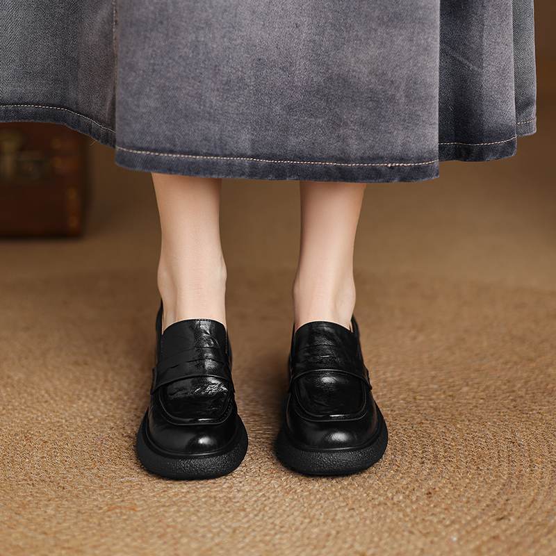 Krazing Pot Sheepskin Autumn Winter Shoes Slip on Chunky Heels Oxford Shoes Size 43 Round Toe Deep Mouth Waterproof Pumps