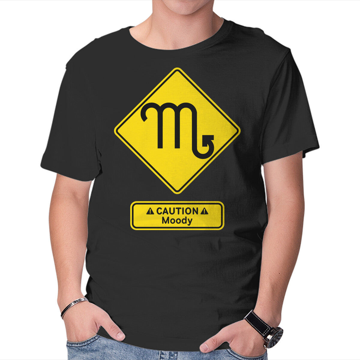 Unisex Crew Neck T-Shirt Caution Moody Graphic Short Sleeve Casual Tee L