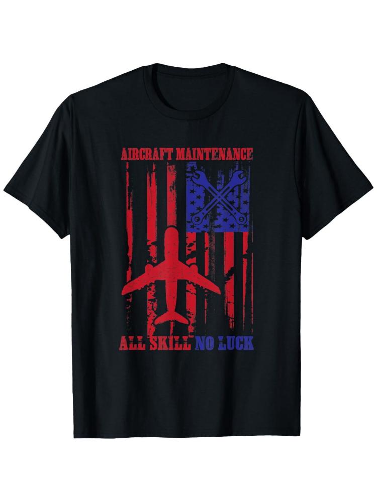 Patriotic Aircraft Mechanic-American Flag&Airplane Design with "No Skill Luck"Slogan-100%Cotton