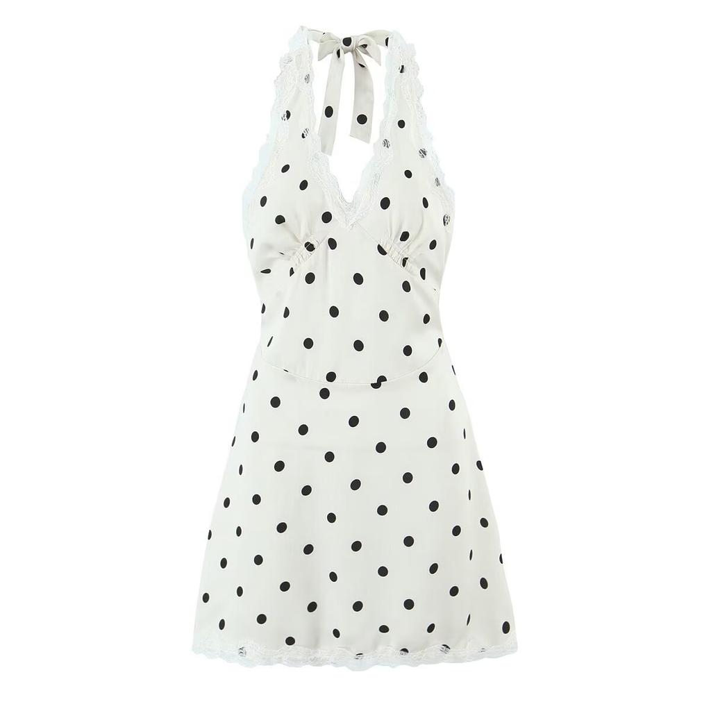 European and American Style, New Women's Clothing, Foreign Style, Classic, Versatile Lace Splicing Polka Dot Neck Skirt