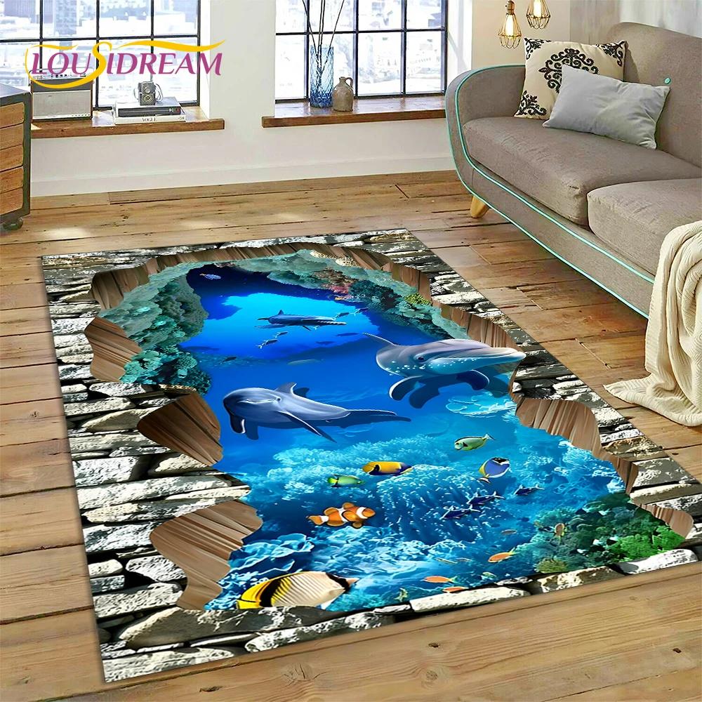 3D Illusion Underwater World Seabed Shark Dolphin Cartoon Carpet Rug for Bedroom Living Room Sofa Decoration,Kid Decor Floor Mat