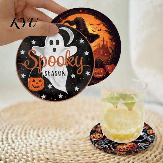 Stain Resistant Table Pads for Kitchen Halloween Wooden Coasters, Decorative Placemats Dining Table, Heat Mats Reusable Room with Pumpkin Ghost