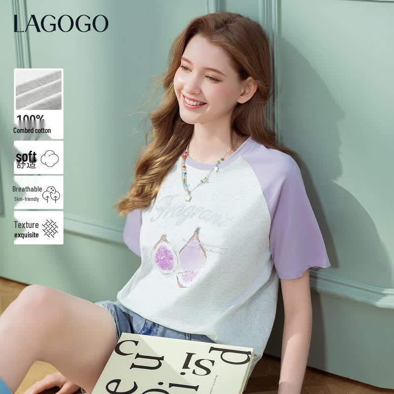 LAGOGO Sweet Rhinestone Print Cotton T-Shirt S