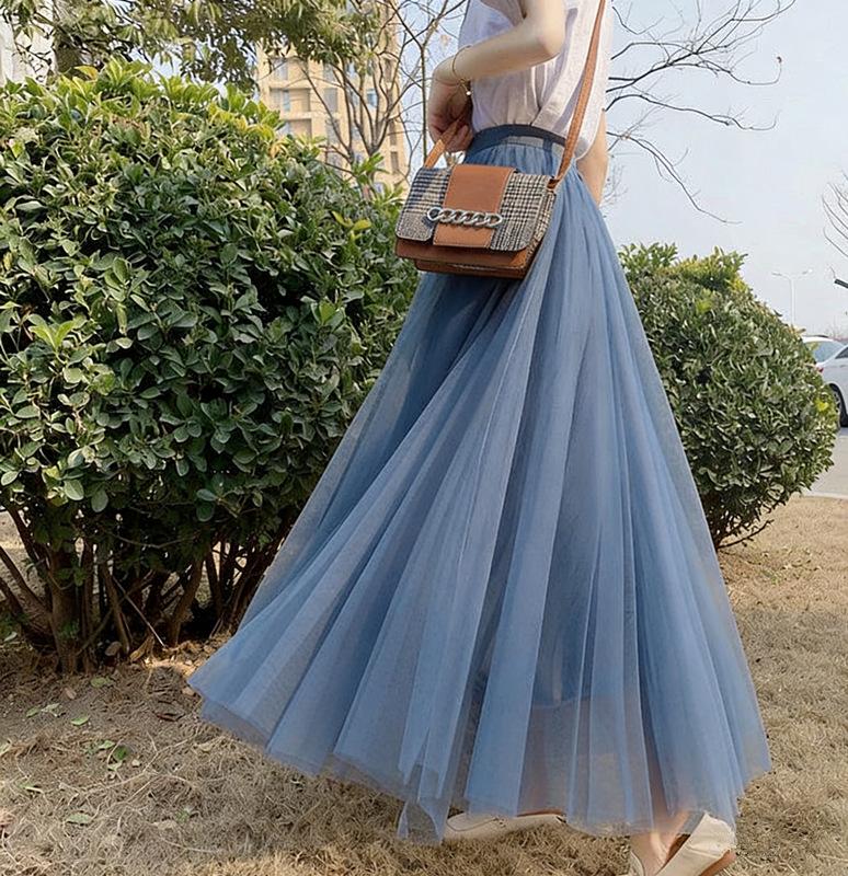 Women's High-Waist Mid-Length Pleated Mesh Skirt