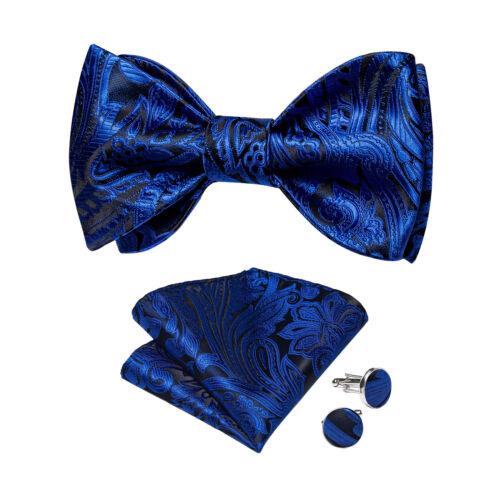 Conjunto de abotoaduras masculinas de seda azul ajustável com gravata borboleta Paisley floral Hanky