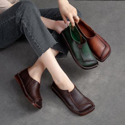 Herbst Retro Loafer Leder Spleißen Gummi Unterseite Frauen Flats Schuhe Square Toe Weiche Sohle Einfarbig Slip-on Schuhe