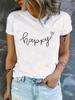 Womens Elegant Casual Happy Short Sleeve Crew Neck Summer Top with Black Cursive Lettering Heart Design Aesthetic Clothes