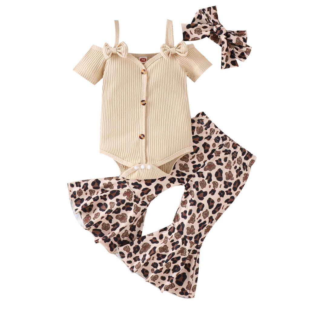 3Pcs Baby Girl Spring Outfits, Short Sleeve Cold Shoulder Romper + Flare Pants + Headband Set