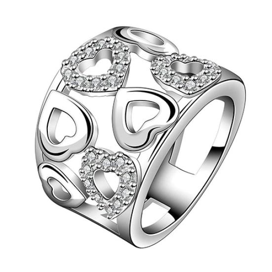 Women Faux Silver Plated Rhinestone Wide Band Cluster Hollow Heart Ring