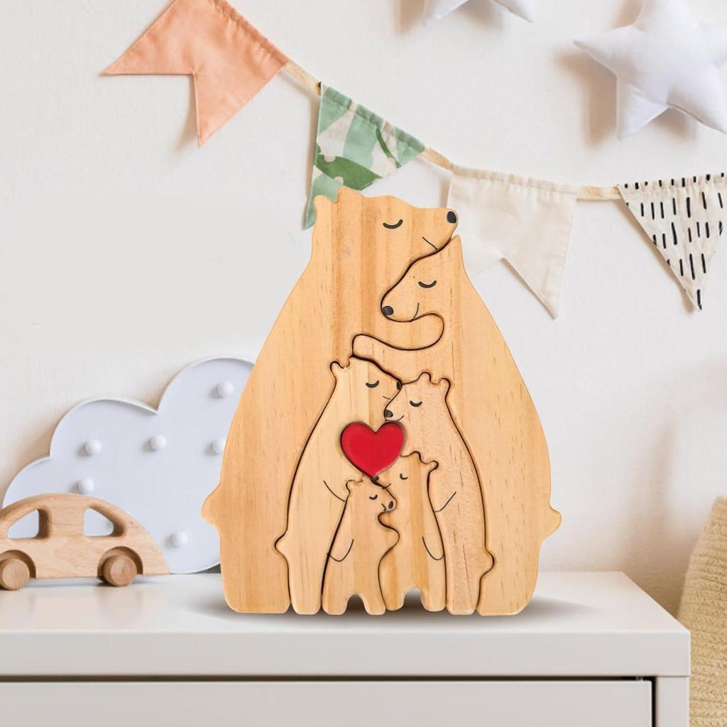 Wooden Mother and Son Bear Hugging Ornament - Solid Wood Puzzle for Bedroom or Living Room Decor.