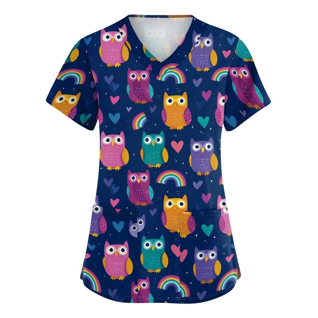 Top da Lavoro da Donna con Scollo a V, Manica Corta, Spacchi Laterali e Tasche, Stampa Animalier, Camice Medico, Vestibilità Comoda