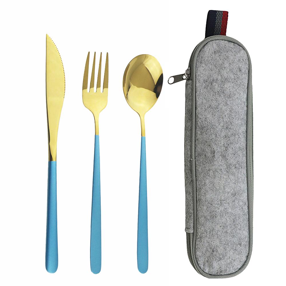 Pink Gold 4Piece Dinnerware Set Portable Reusable Cutlery Set For Travel Camping Flatware Spoon Fork Utensils Set and Bag