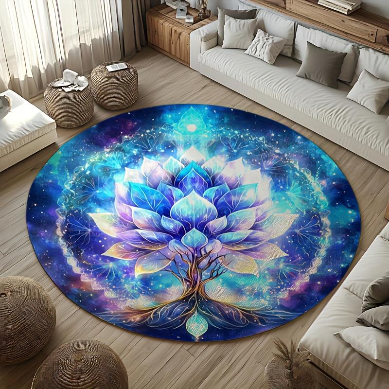 Lotus Geometric Mandala Round Rug, Luxury Floral Pattern Non-Slip Washable Circle Carpet for Bedroom & Living Room Decor Diameter 60cm