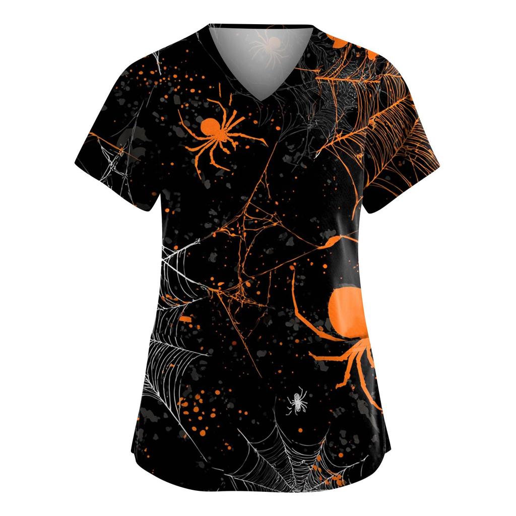 Dámská móda Overaly s krátkým rukávem a výstřihem do V s kapsami Halloweenské potištěné topy Oblečení