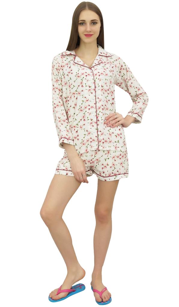Bimba Womens Off White Button-Down Shirt With Elastic Waist Short