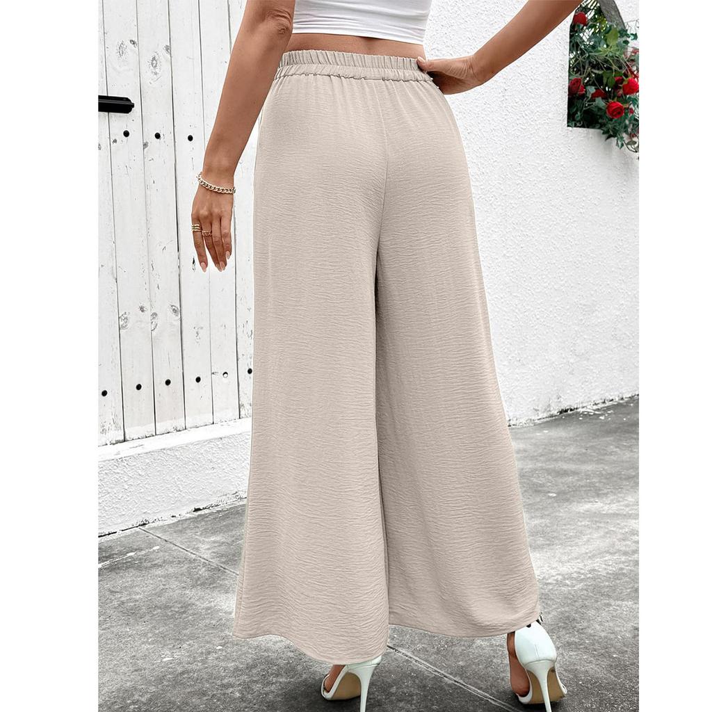 Women Elastic High Waist Pant Casual Fit Wide Leg Long Pants Trousers With Pockets