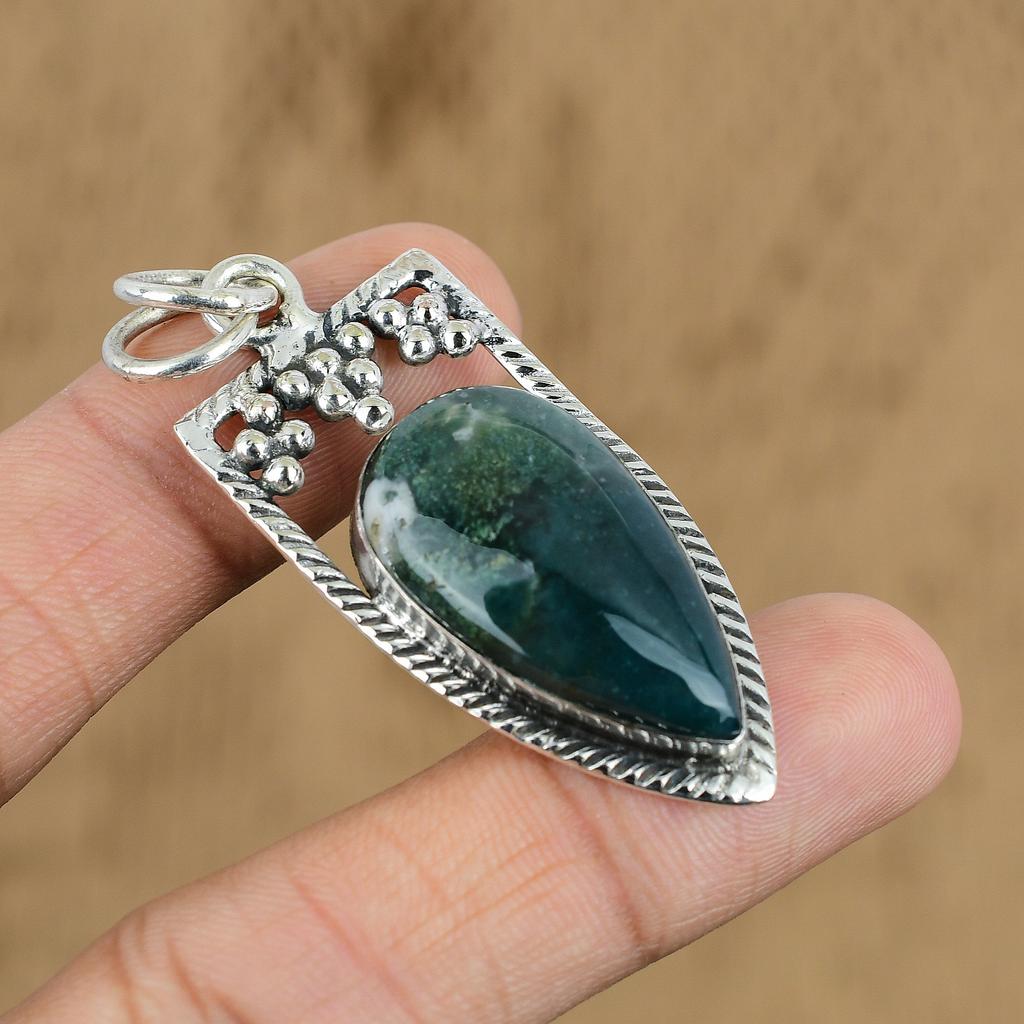 Natural Solar Moss Agate Gemstone Pendant Green 925 Sterling Silver Jewelry