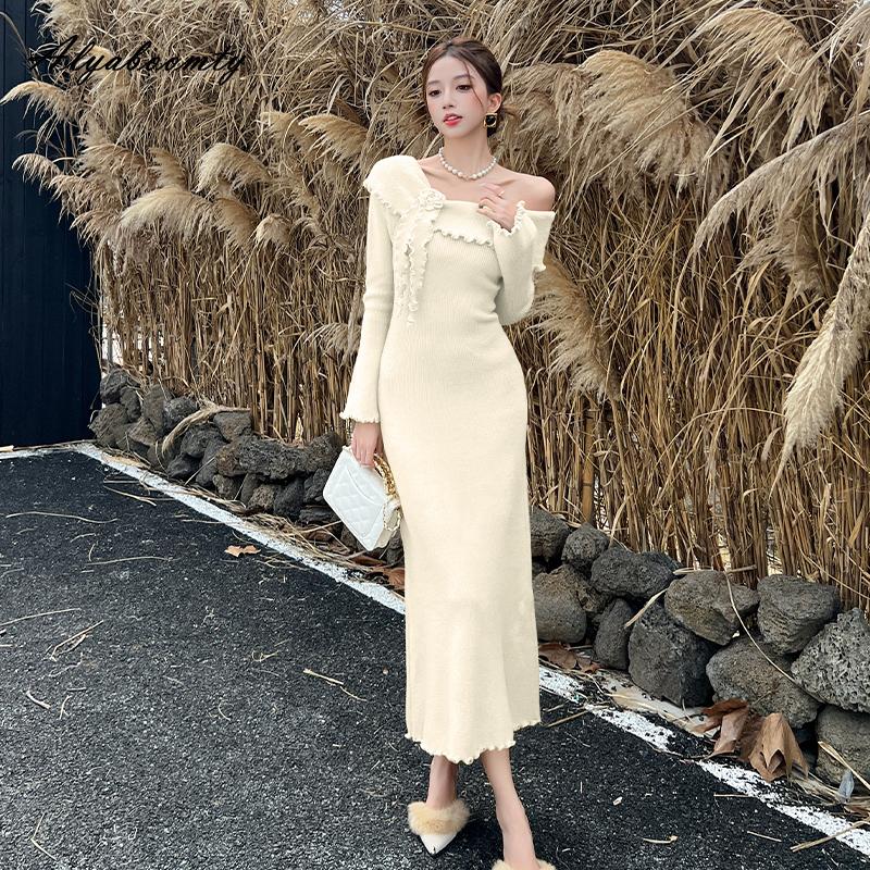 French Style Autumn Winter Women Sweater Dress Slash Neck Beige Yellow Floral Knitting Dress Knitted Feminine Elegant Chic Dress