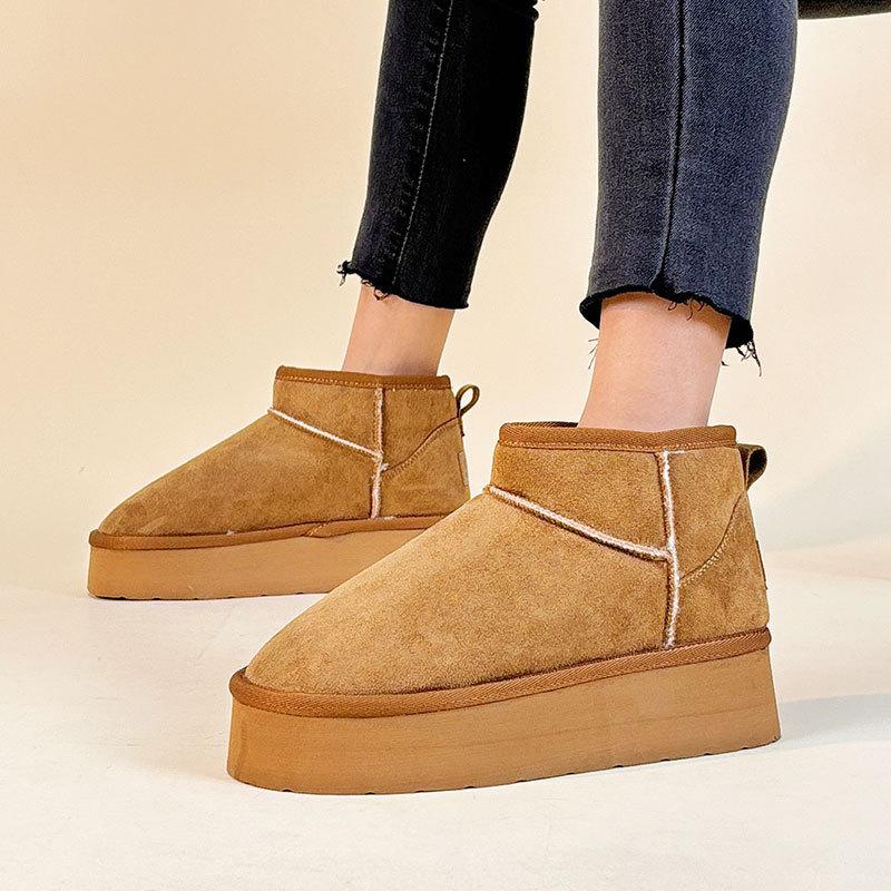 9992 New Snow Boots Women's Spring and Winter Cotton Shoes Casual Velvet Solid Color Heightening Warm Mid-top Cotton Boots