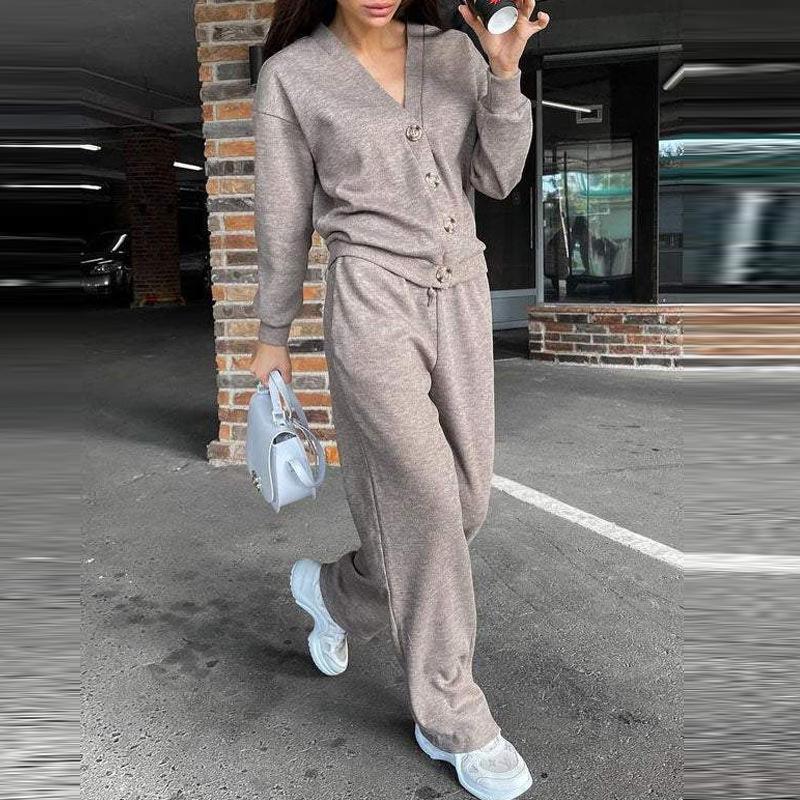 

Women s Casual Solid Color Cardigan Jacket & Wide-Leg Pants Two-Piece Sportswear Set - Autumn/Winter Collection XL хакі