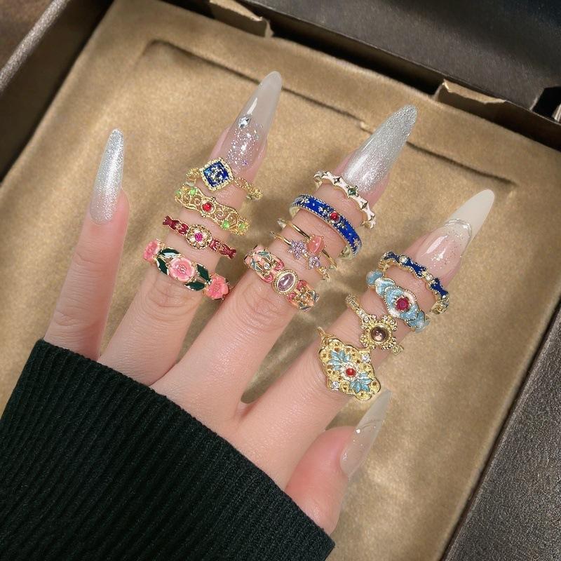 Medieval Enamel Dripping Oil Imitation Amber Eye Stone Open Ring Light Luxury High-End French Retro Niche Ring Woman