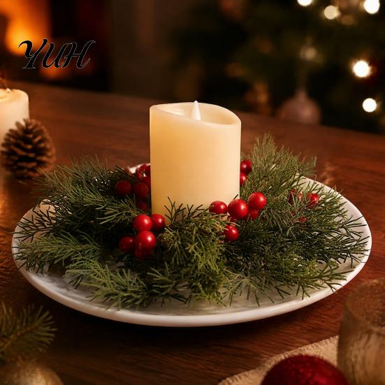 Seasonal Home Table Accent Christmas Candlestick Wreath, Red Poinsettia Pine Needle Candle Ring Decorative Base Wreath with Berries, Tabletop