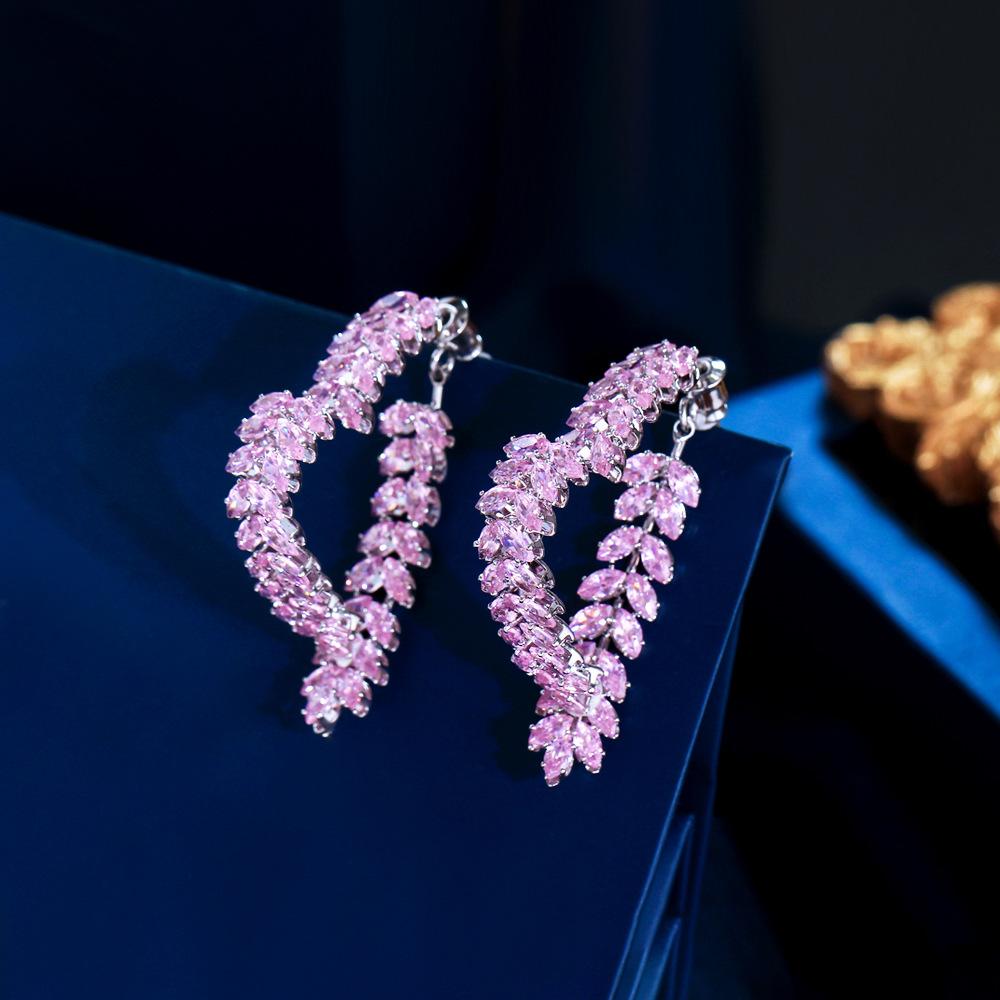Light Luxury Pink Love Front And Rear Wear High-End Zircon Earrings Super Flash Wheat Ear Heart Earrings Earrings Pendant