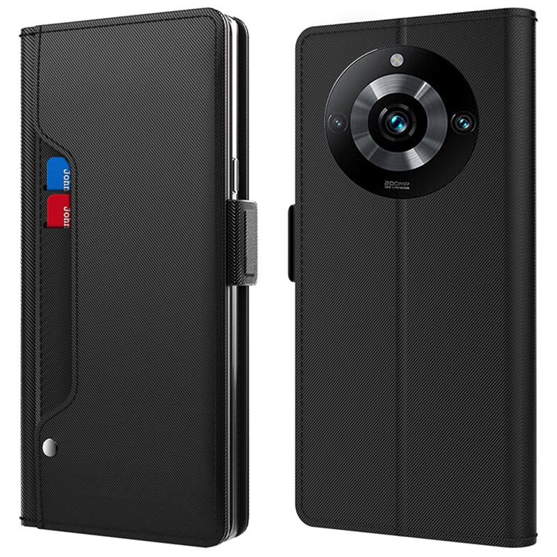 

Для Realme 11 Pro+ 5G Кожаный чехол с защитой от падений Зеркальный дизайн Подставка Держатель для карт Чехол для телефона Black