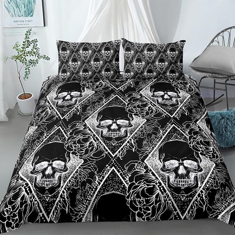 Skull Duvet Cover Set Queen Black Skeleton Paisley Floral Pattern Bedding Set For Teen Adult Polyester Halloween Comforter Cover