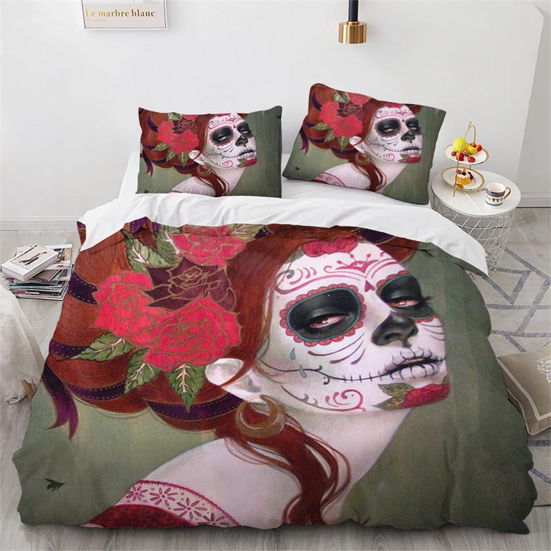 Skull Girl Day Dead Bride Dark Color Roses Bedding Set Boys Girls Twin Queen Size Duvet Cover Pillowcase Bed Kids Adult