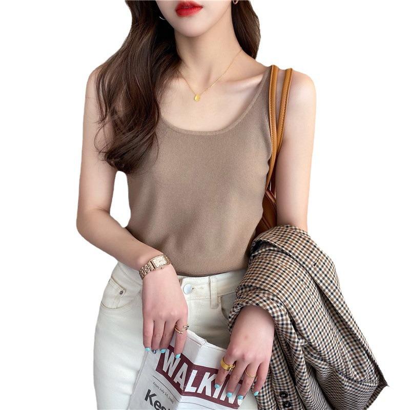 Sling Vest for Women with White Base Design and Ice Silk Knitted Sleeveless Top for Summer New Style for Wear