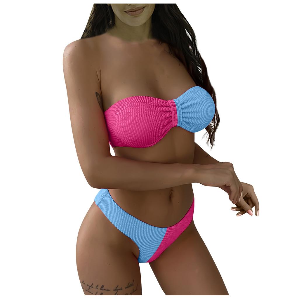 Women's High Waist Plus Size Swimsuit Bikini Color Splicing Pleated Split Two Piece Swimsuit