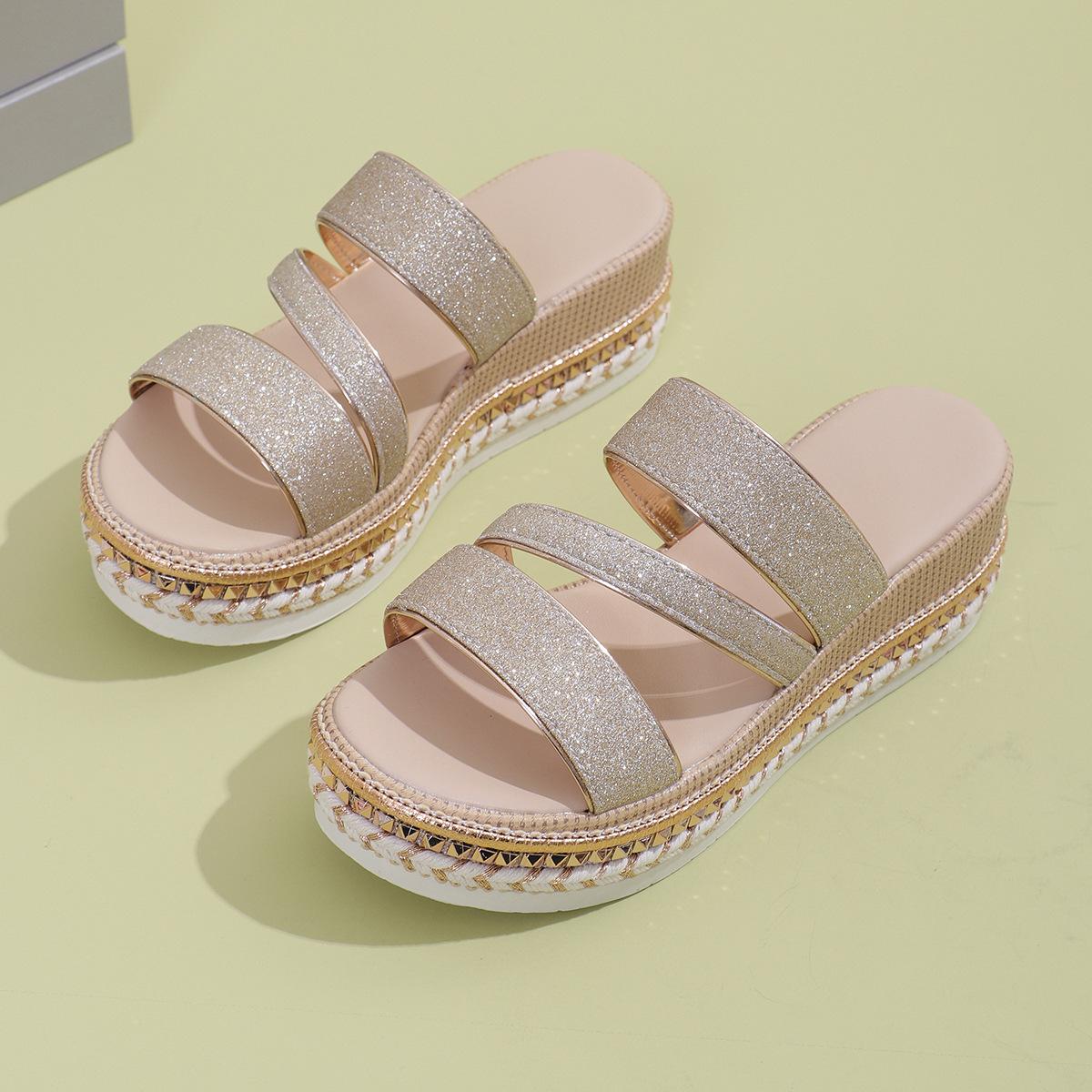 

Тапочки на каблуке с наклоном, женские, верхняя одежда, лето, новые, повседневные, с круглым носком, большого размера, с толстой подошвой, римские тапочки 38 золотой