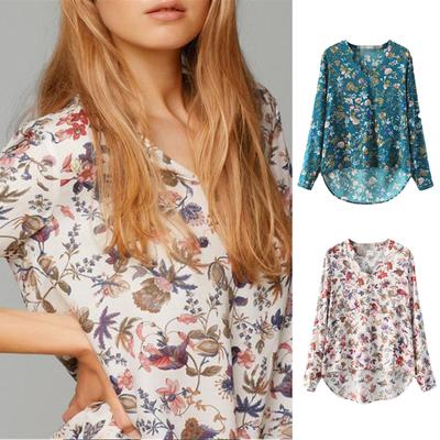 Damen Herbst Retro Weiche Baumwolle V-Ausschnitt Langarmshirt Blumenmuster Top Bluse